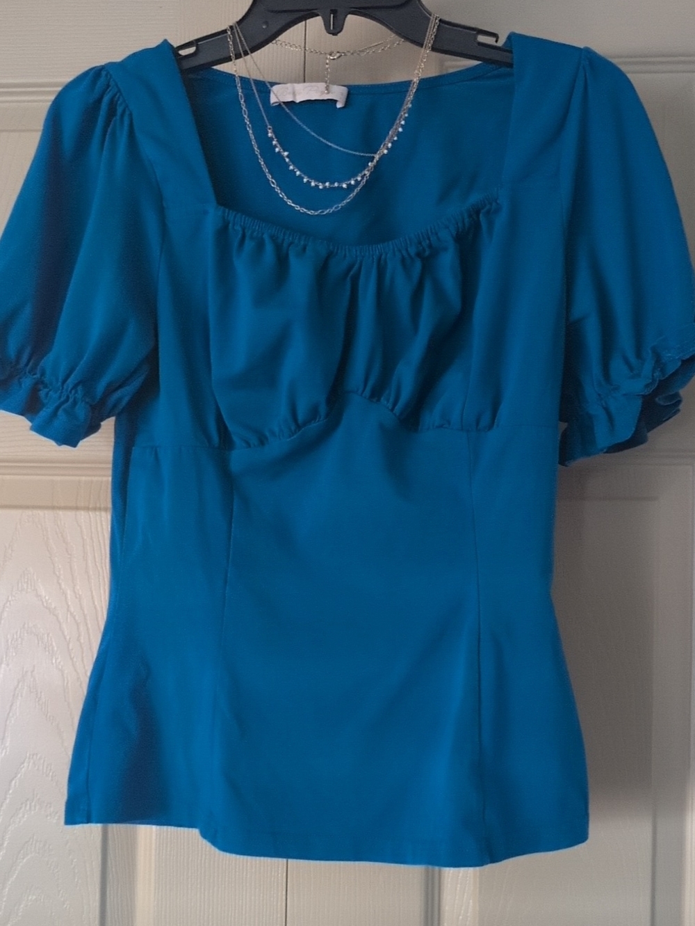 Teal Blue Square-Neck Puff Sleeve Blouse